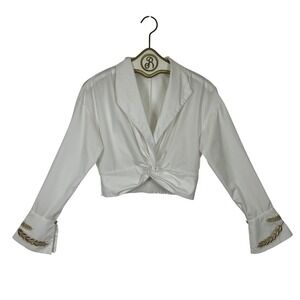 White Twist Front Crop Blouse SMALL Gold Detail Chic Coastal Old Money Resort